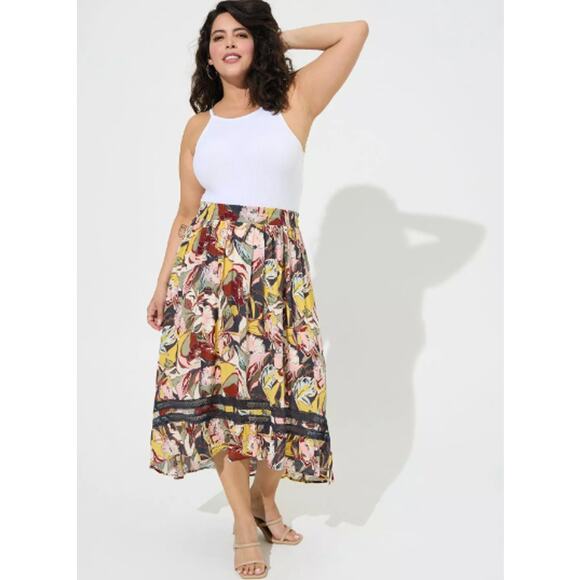 Torrid Hi Low Boho Maxi‎ Skirt Women 2X Yellow Ruffle Crinkle Gauze Cottagecore - Picture 1 of 9